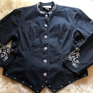Stonebridge Petites LS Button Front Black Denim Jacket Embroidered Studded